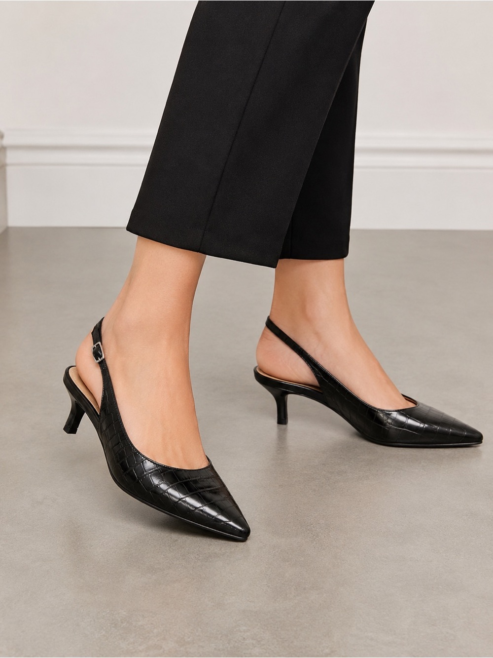 Alfani Step ’N Flex Black Croc Embossed Slingback Kitten Heels Size 8M